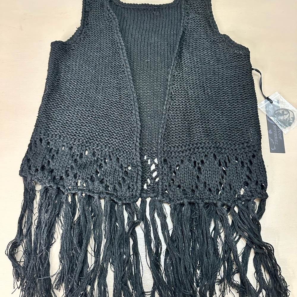 Poof! Women’s Black Fringe Knit Vest Open Knit Top Size Medium
